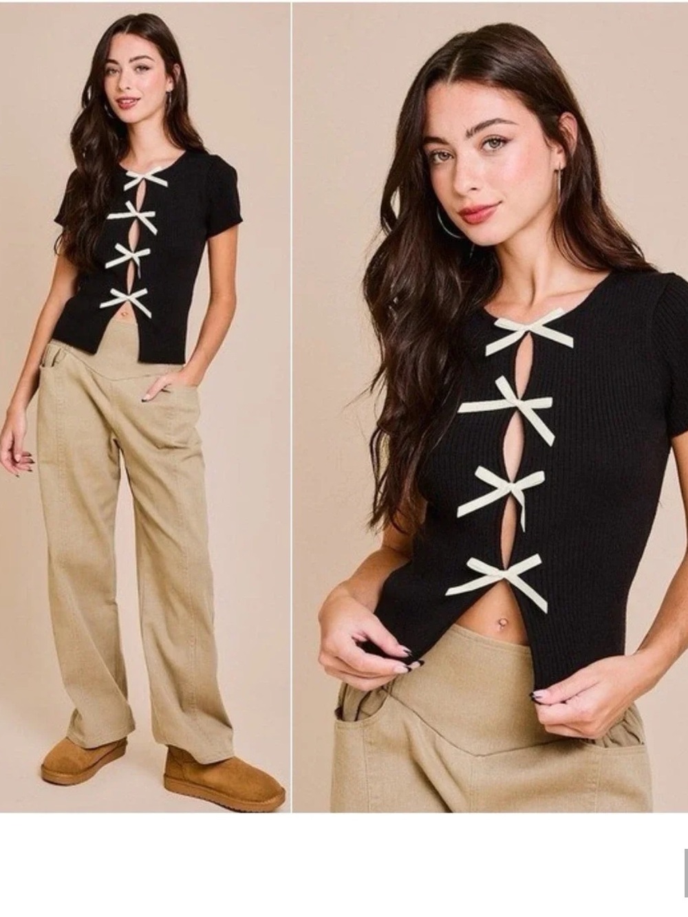 Le Lis Black Short-Sleeve Knit Top with Cream Bow Front